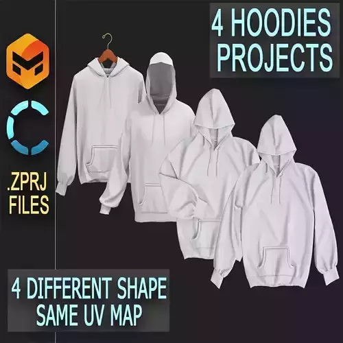 4 Hoodies Projects  MARVELOUS DESIGNER - CLO3D 4 different shape