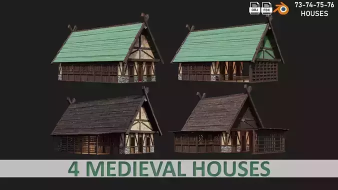 4 Old Medieval Building House Pack 4K Tex GameReady 73 to 76
