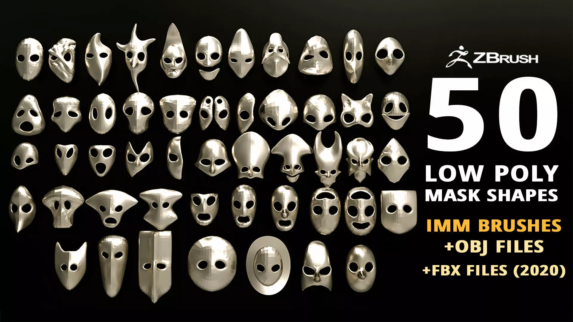 50 low poly mask shapes and base meshes IMM brush for Zbrush 3D model_0