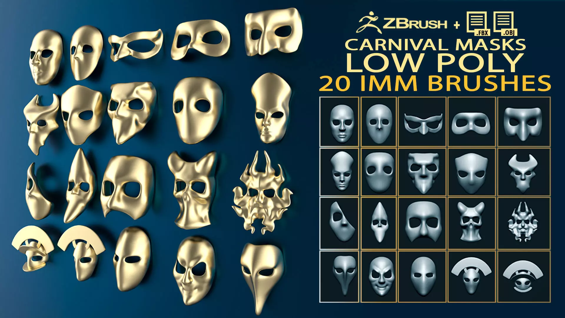 20 Carnival mask shapes low poly Zbrush IMM brush set 3D model_0