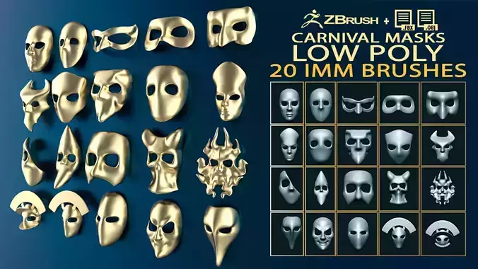 20 Carnival mask shapes low poly Zbrush IMM brush set 3D model
