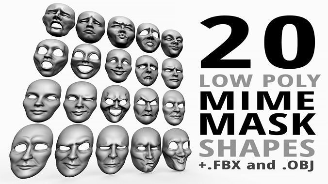 Low poly 20 mime and facial expression masks IMM zbrush set 3D model