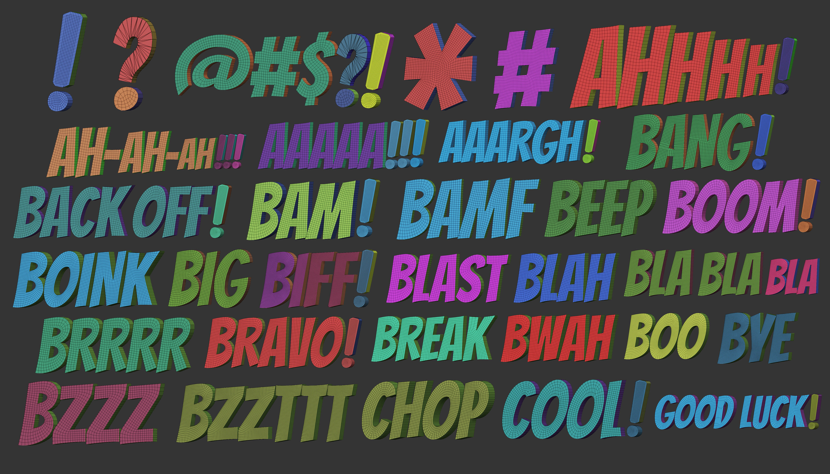 160 Low poly Zbrush IMM brush set of comic dialogue sound words 3D model_6