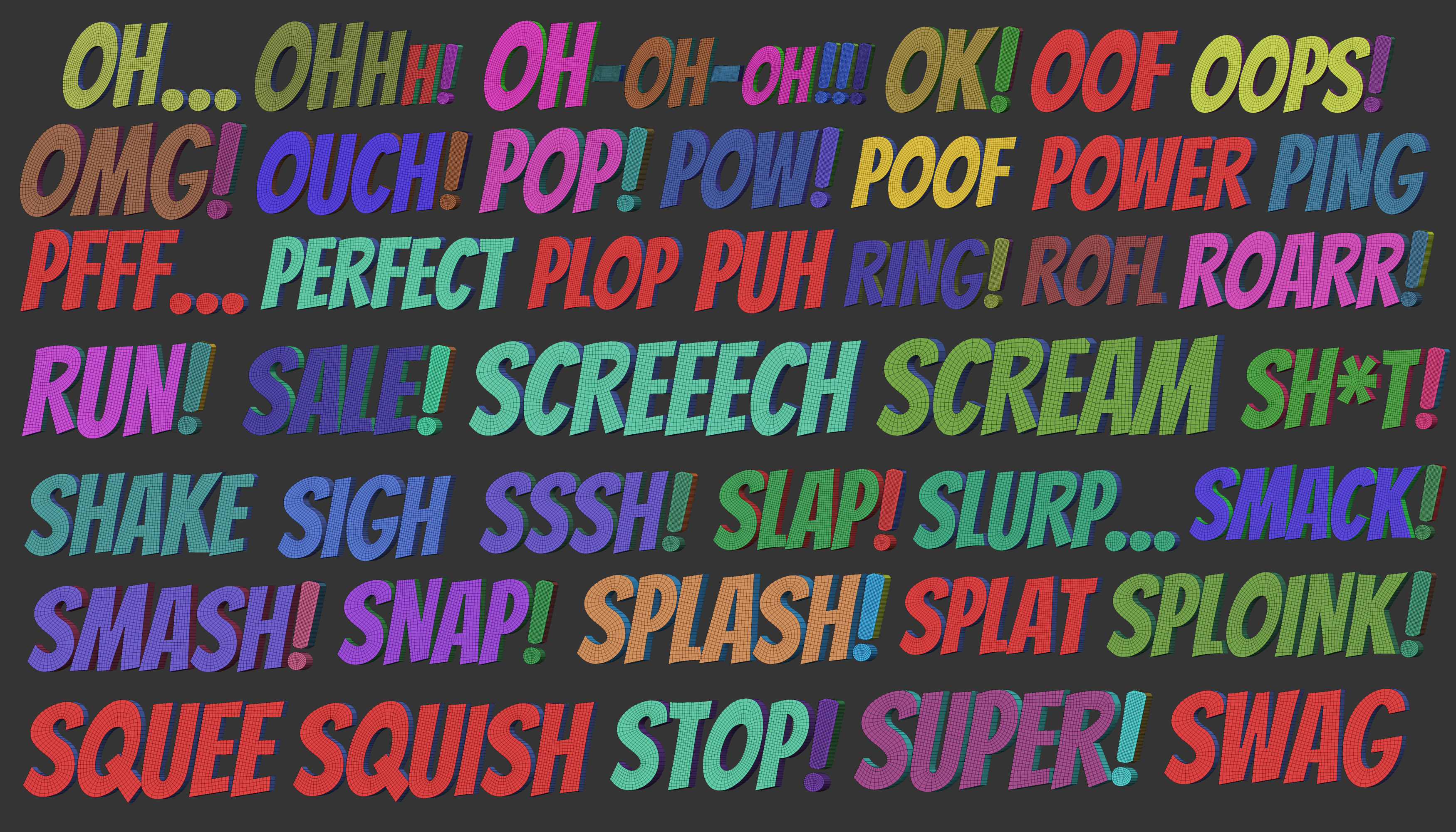 160 Low poly Zbrush IMM brush set of comic dialogue sound words 3D model_8
