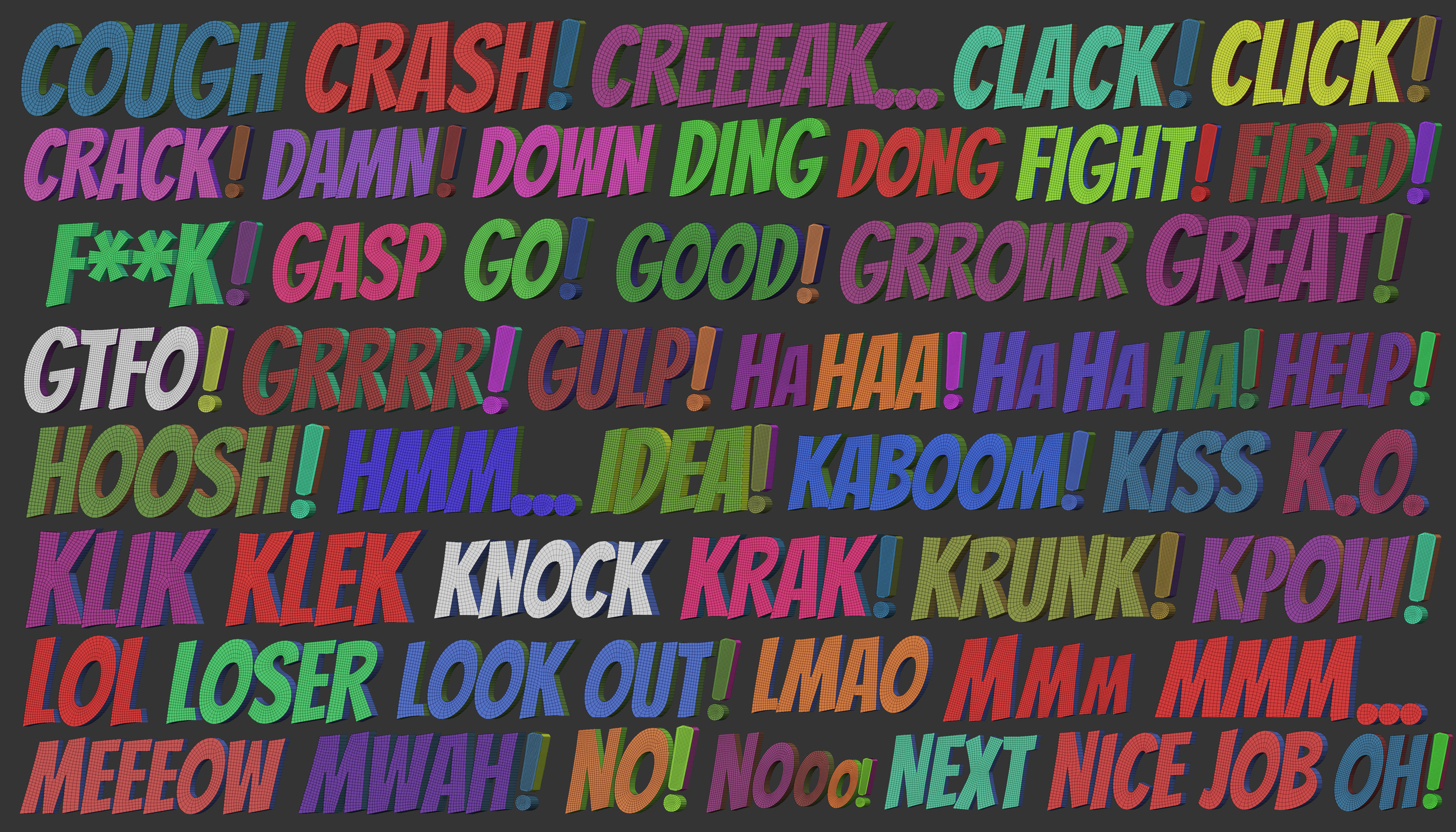 160 Low poly Zbrush IMM brush set of comic dialogue sound words 3D model_7
