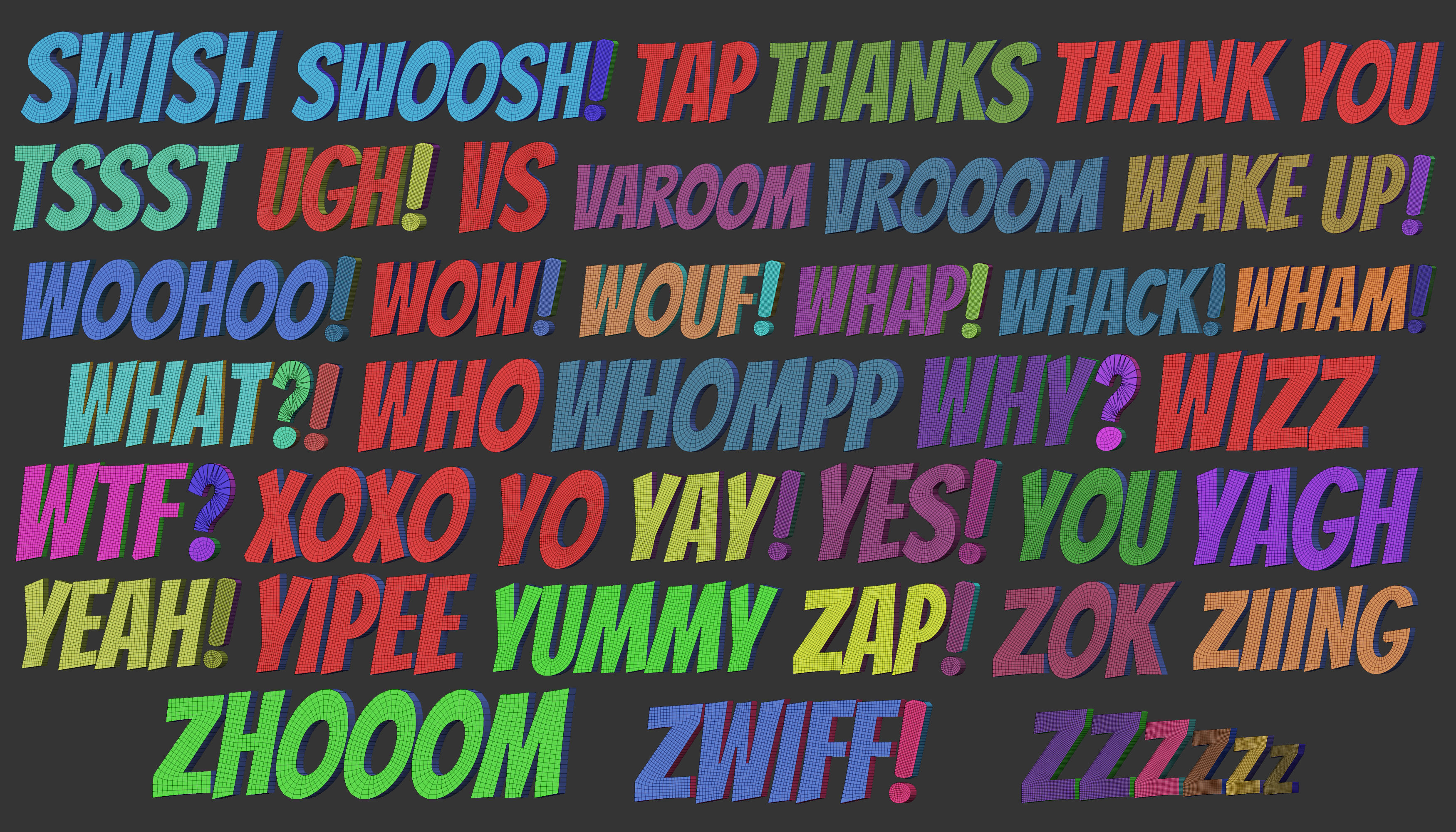 160 Low poly Zbrush IMM brush set of comic dialogue sound words 3D model_9