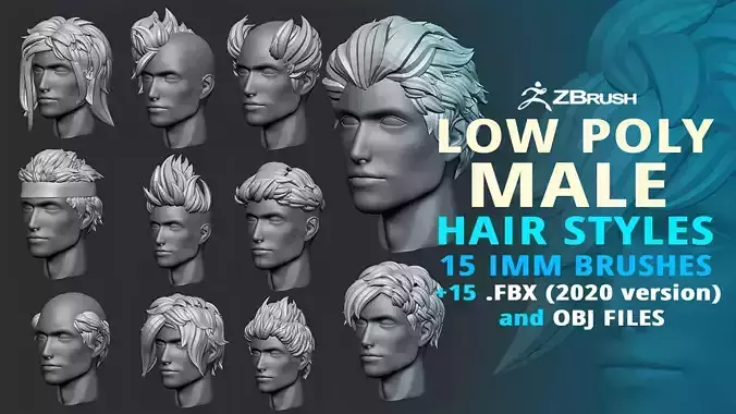 15 Male anime character hair styles and hairdoo low poly IMM 3D model