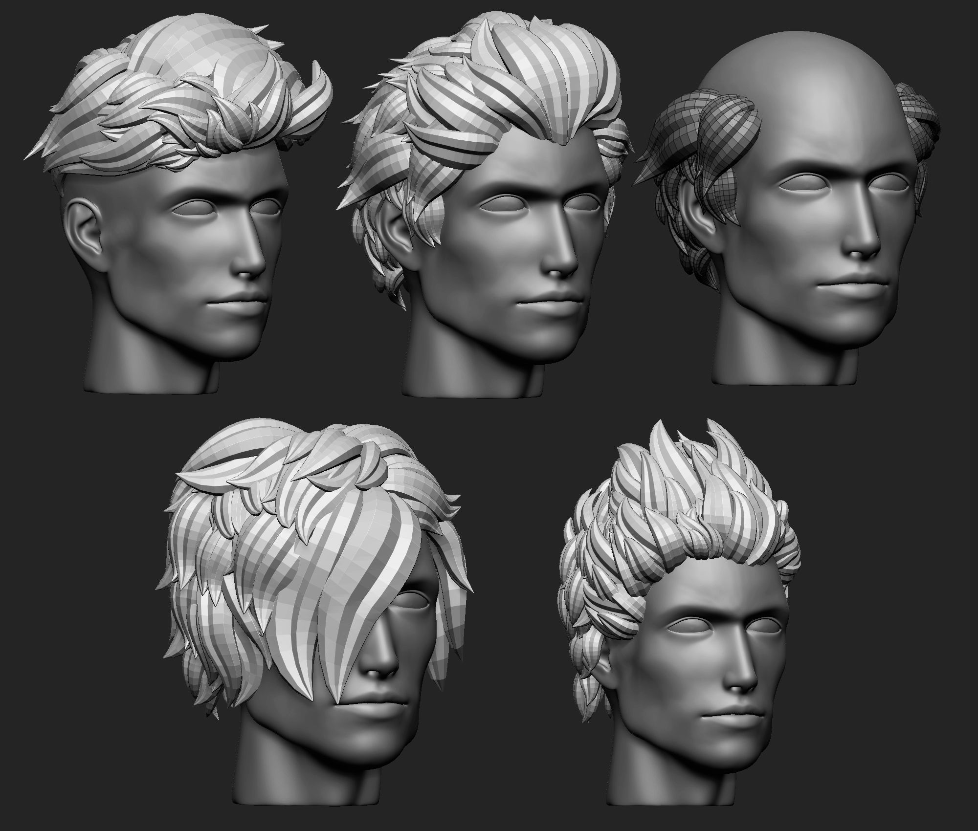 15 Male anime character hair styles and hairdoo low poly IMM 3D model_13
