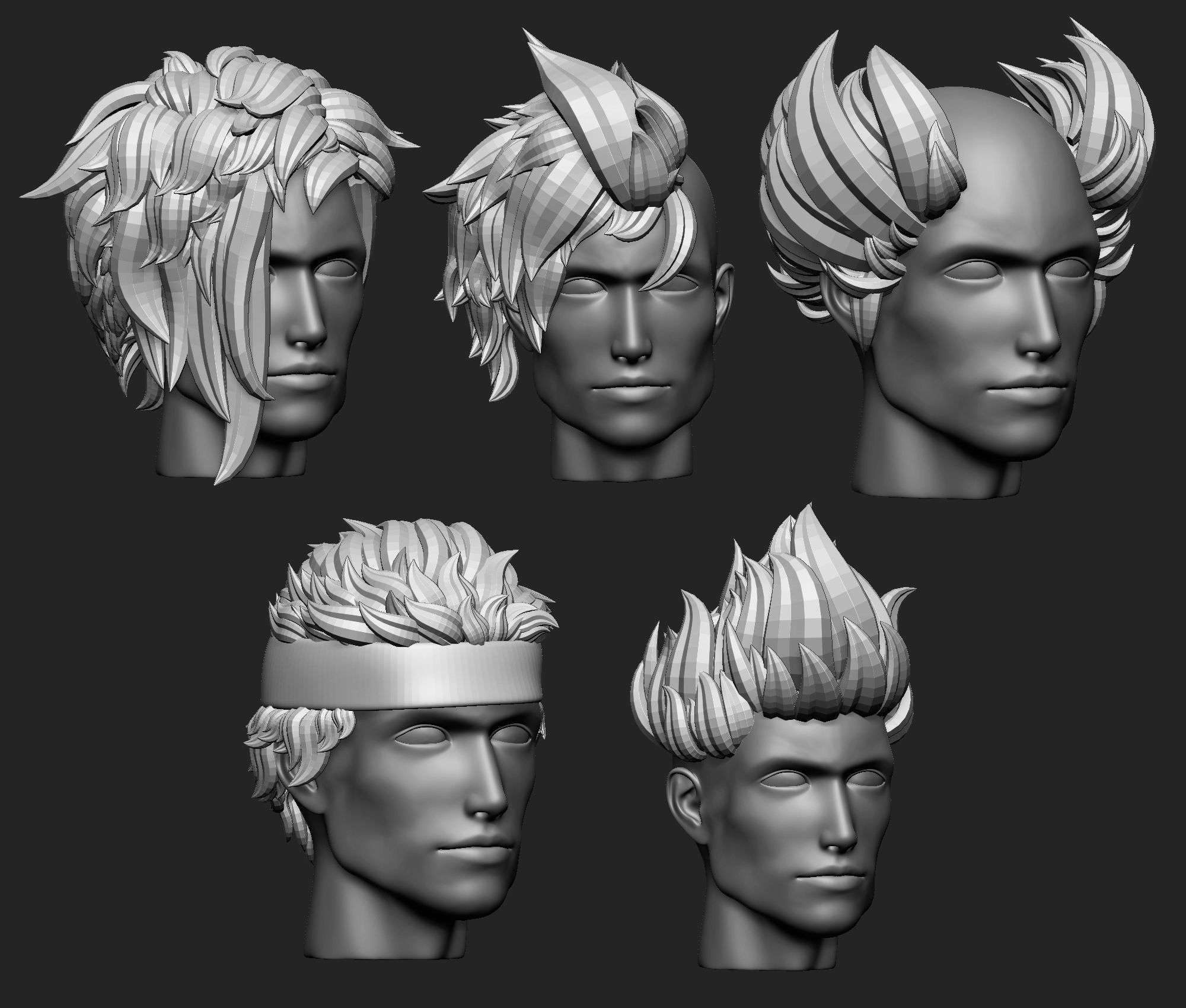 15 Male anime character hair styles and hairdoo low poly IMM 3D model_11