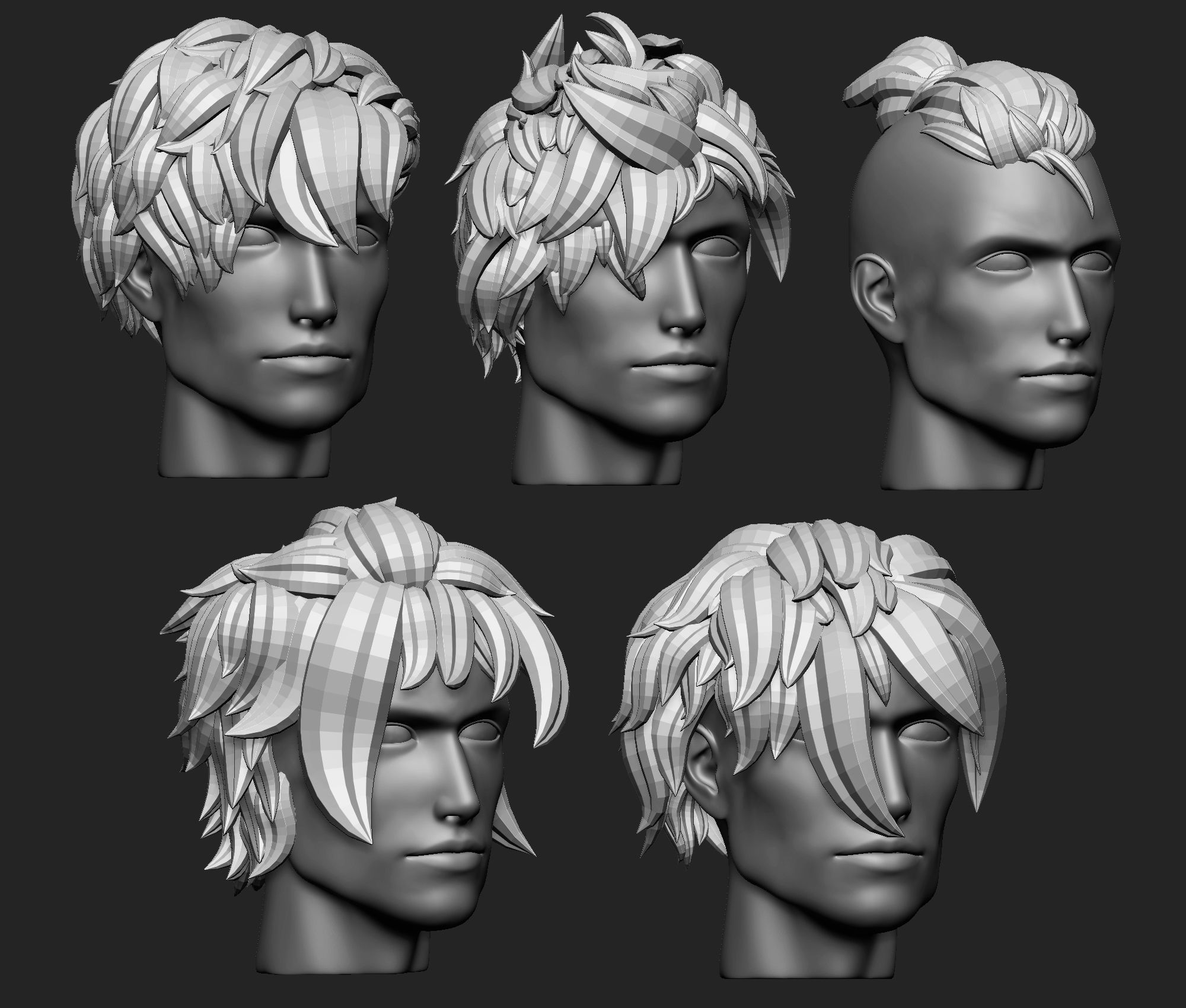 15 Male anime character hair styles and hairdoo low poly IMM 3D model_12
