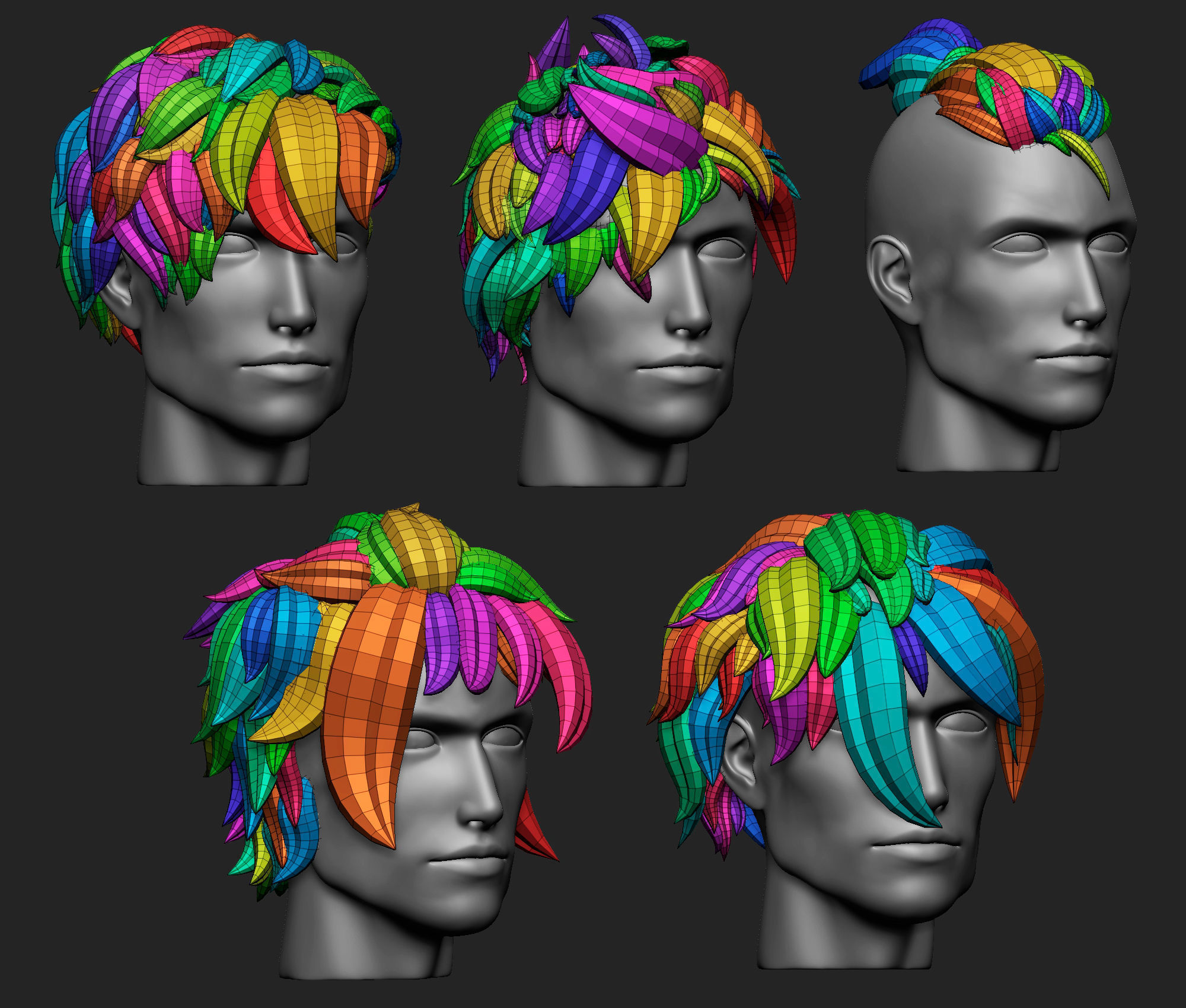 15 Male anime character hair styles and hairdoo low poly IMM 3D model_8