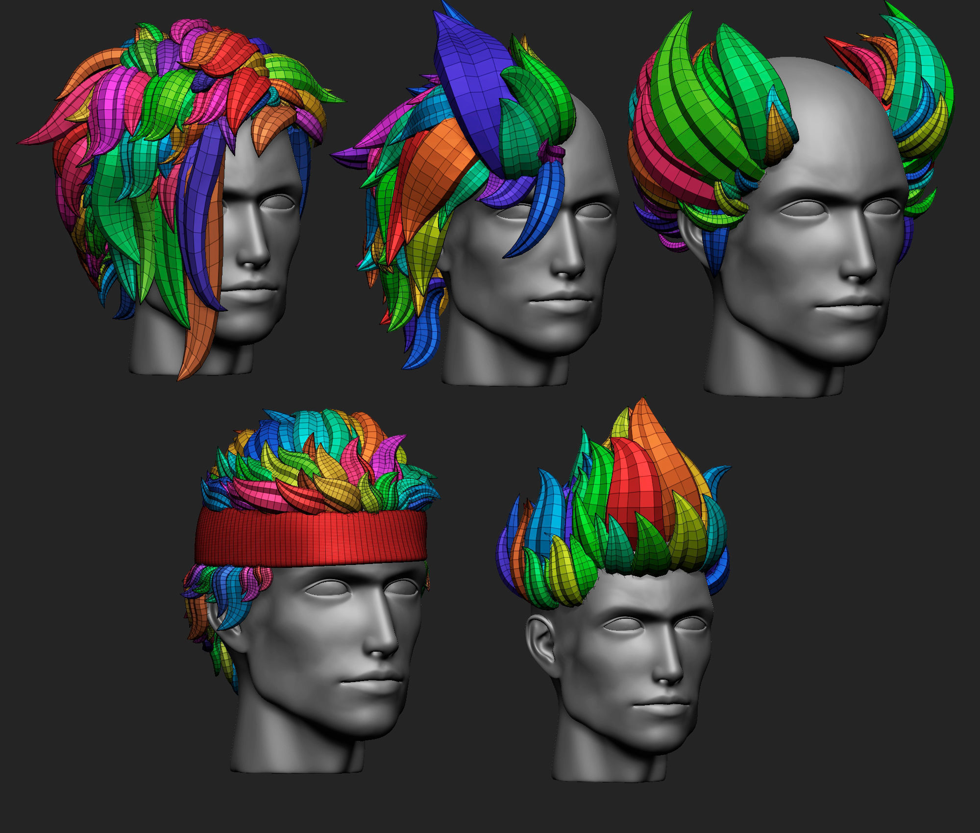 15 Male anime character hair styles and hairdoo low poly IMM 3D model_9
