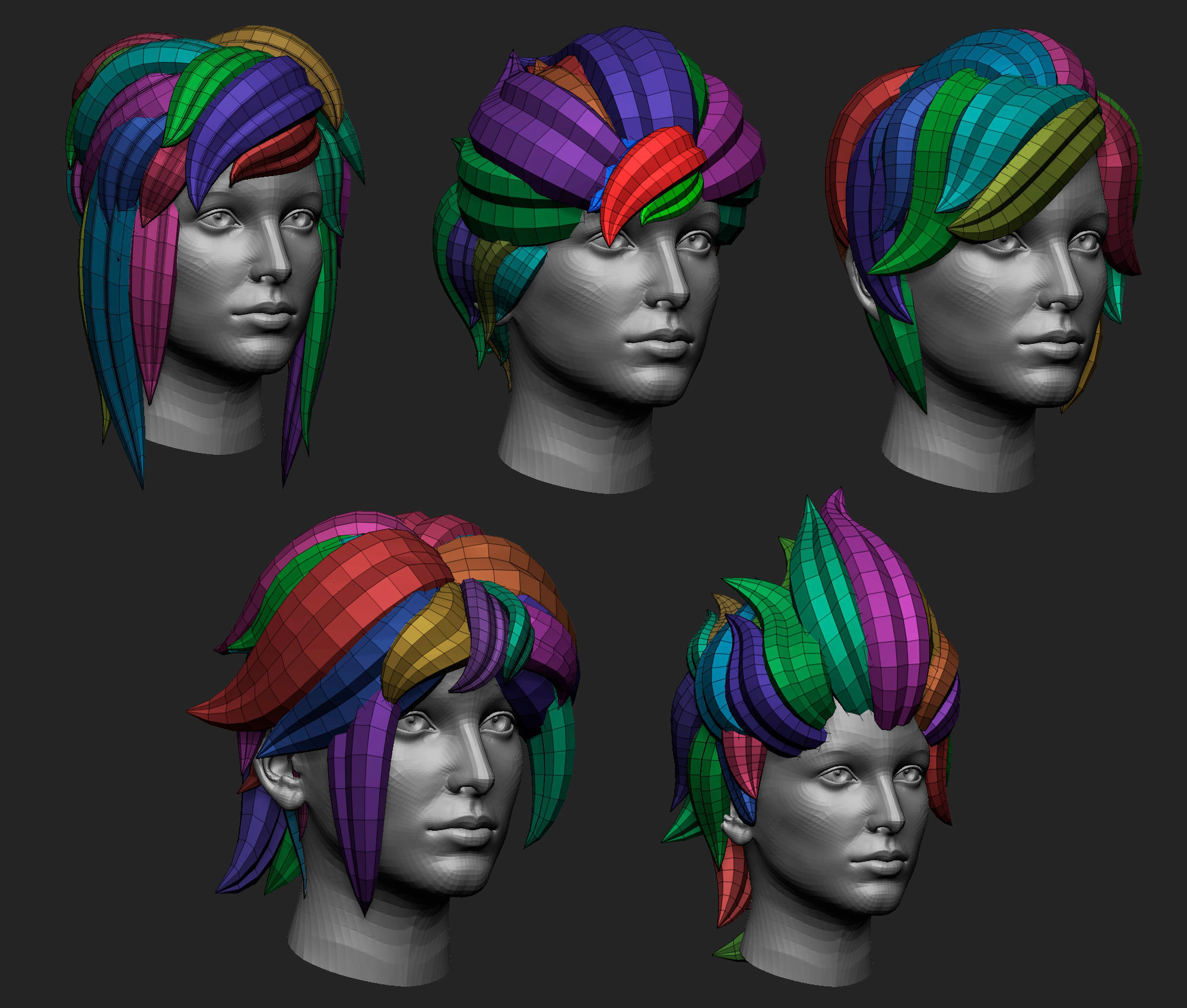 20 Female anime character hair styles lowpoly IMM brush set 3D model_11