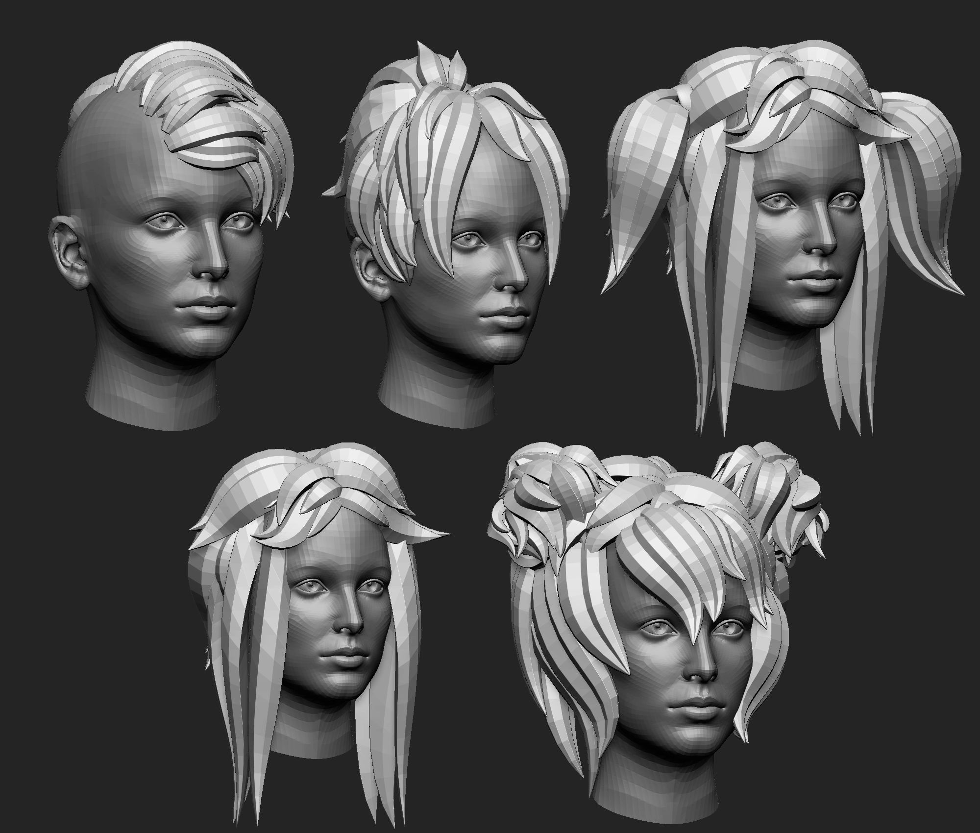 20 Female anime character hair styles lowpoly IMM brush set 3D model_15