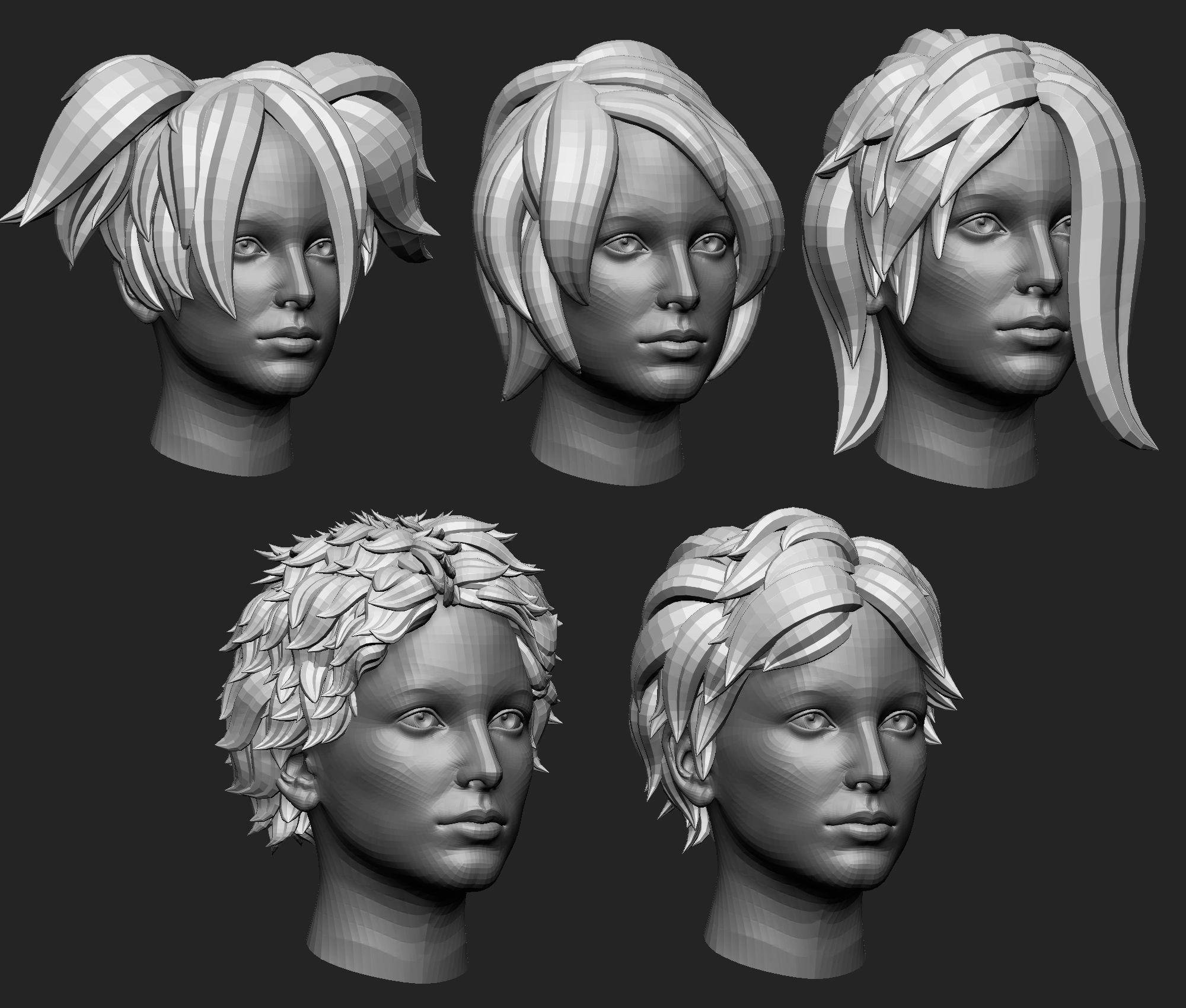 20 Female anime character hair styles lowpoly IMM brush set 3D model_17