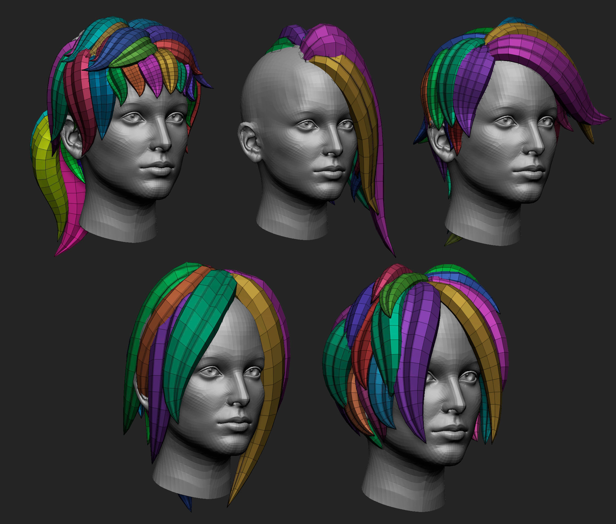 20 Female anime character hair styles lowpoly IMM brush set 3D model_13