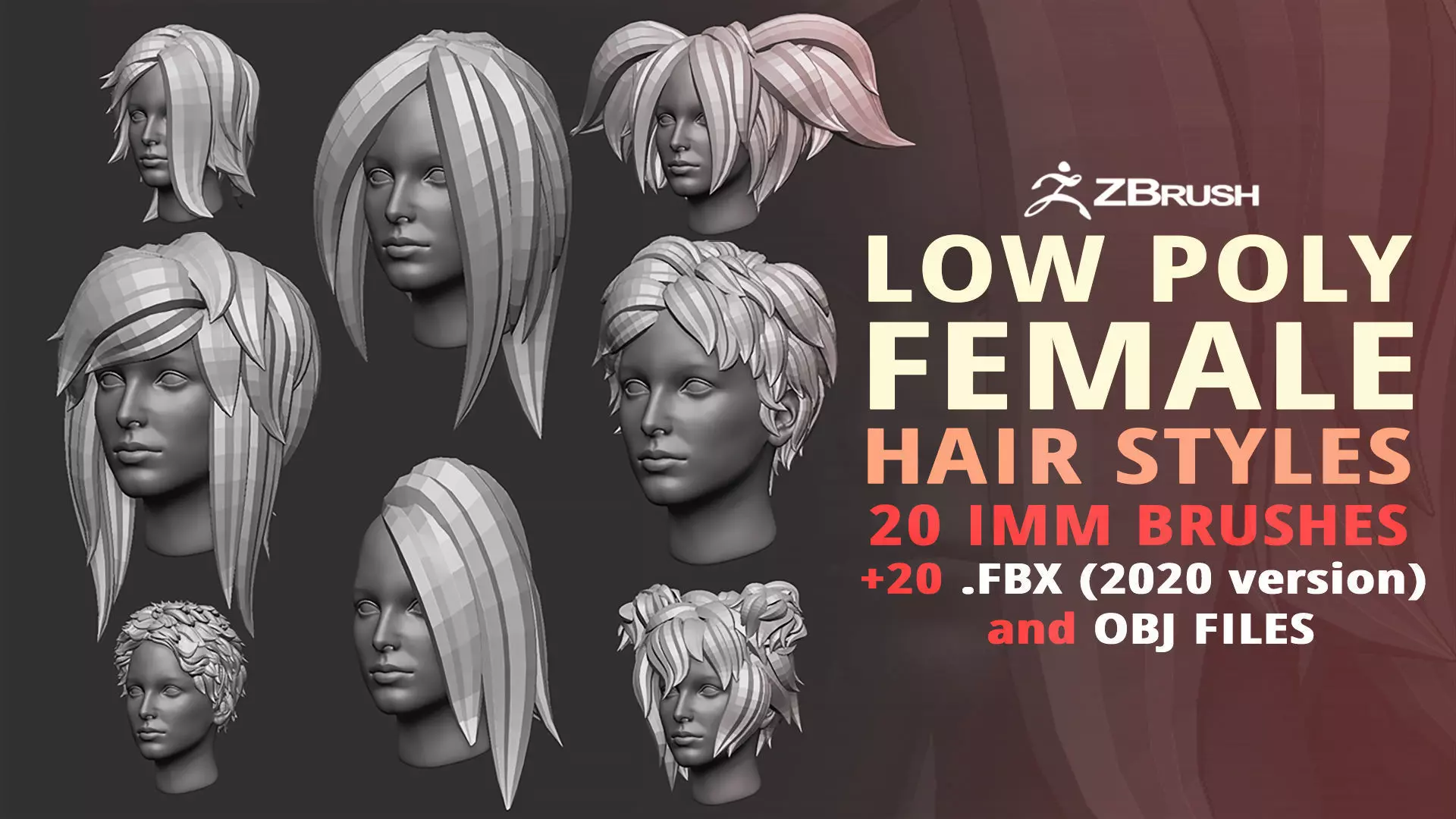 20 Female anime character hair styles lowpoly IMM brush set 3D model_0