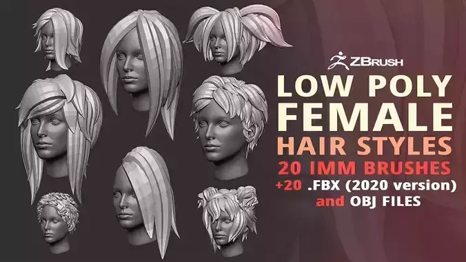 20 Female anime character hair styles lowpoly IMM brush set 3D model