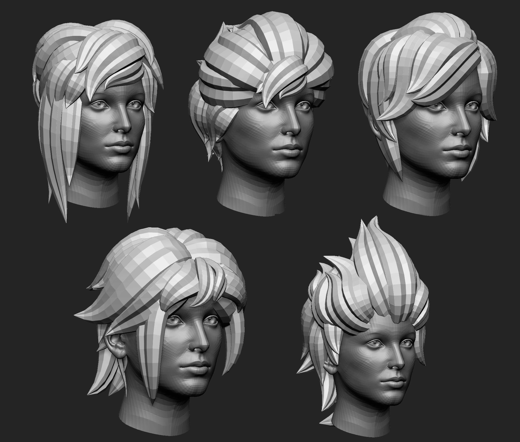 20 Female anime character hair styles lowpoly IMM brush set 3D model_16