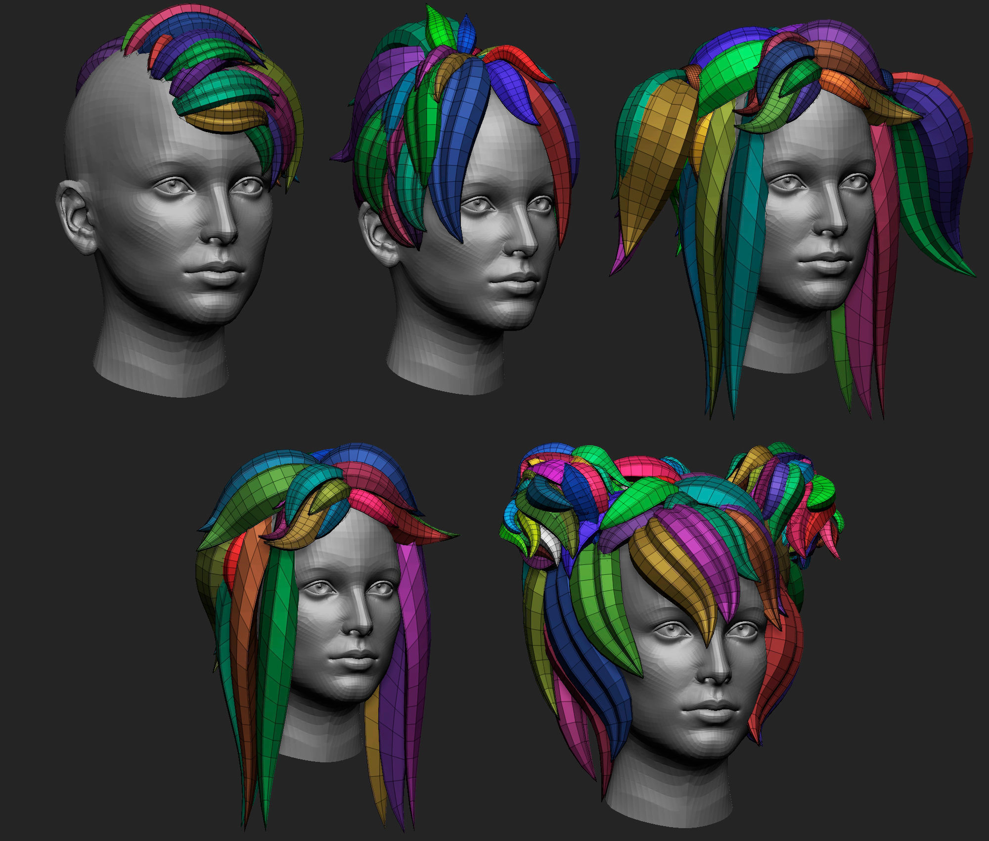 20 Female anime character hair styles lowpoly IMM brush set 3D model_12