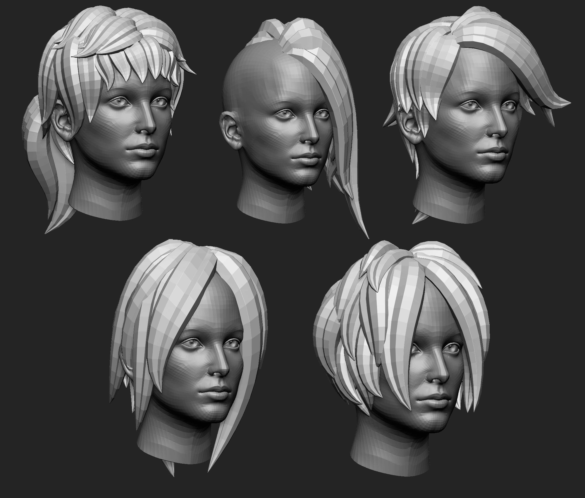 20 Female anime character hair styles lowpoly IMM brush set 3D model_14