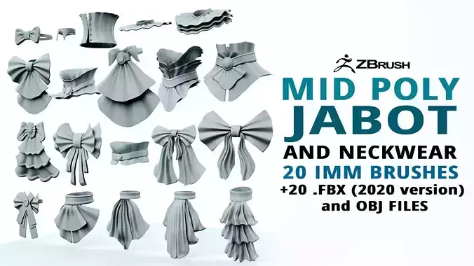 20 character jabot and neckwear midpoly IMM Zbrush set 3D model