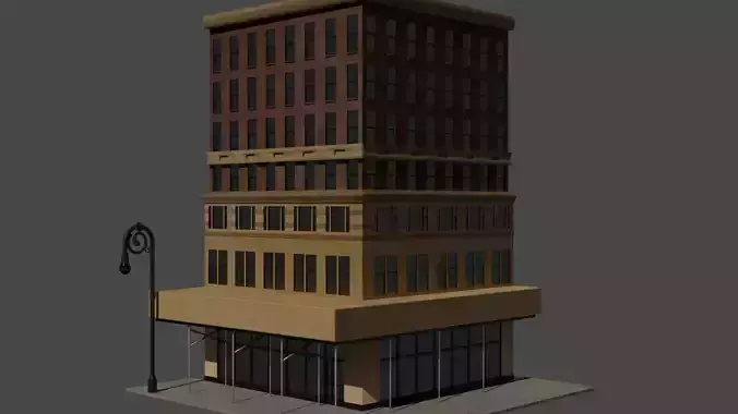 City Corner Building Facade with Sidewalk and Streetlight