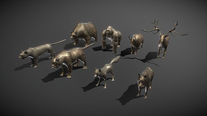 8 Animal Bronze Statues Low-poly 3D model