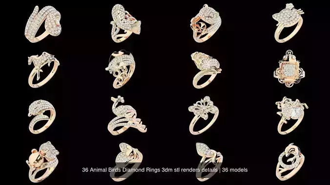 36 Animal Birds Diamond Rings 3dm stl renders details 3D Model Collection