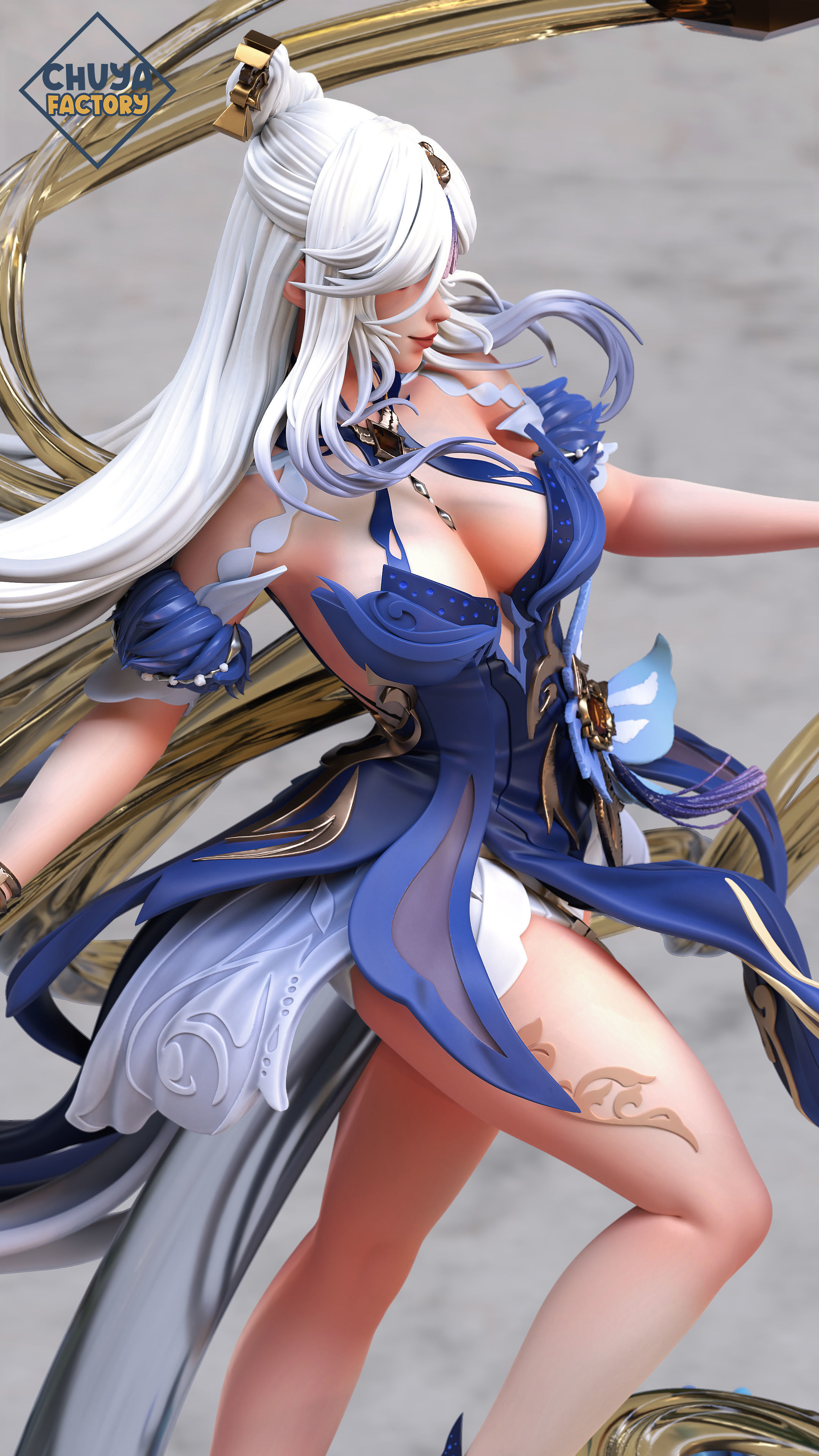 Ningguang anime statue of girl with long hair 3D print model_2