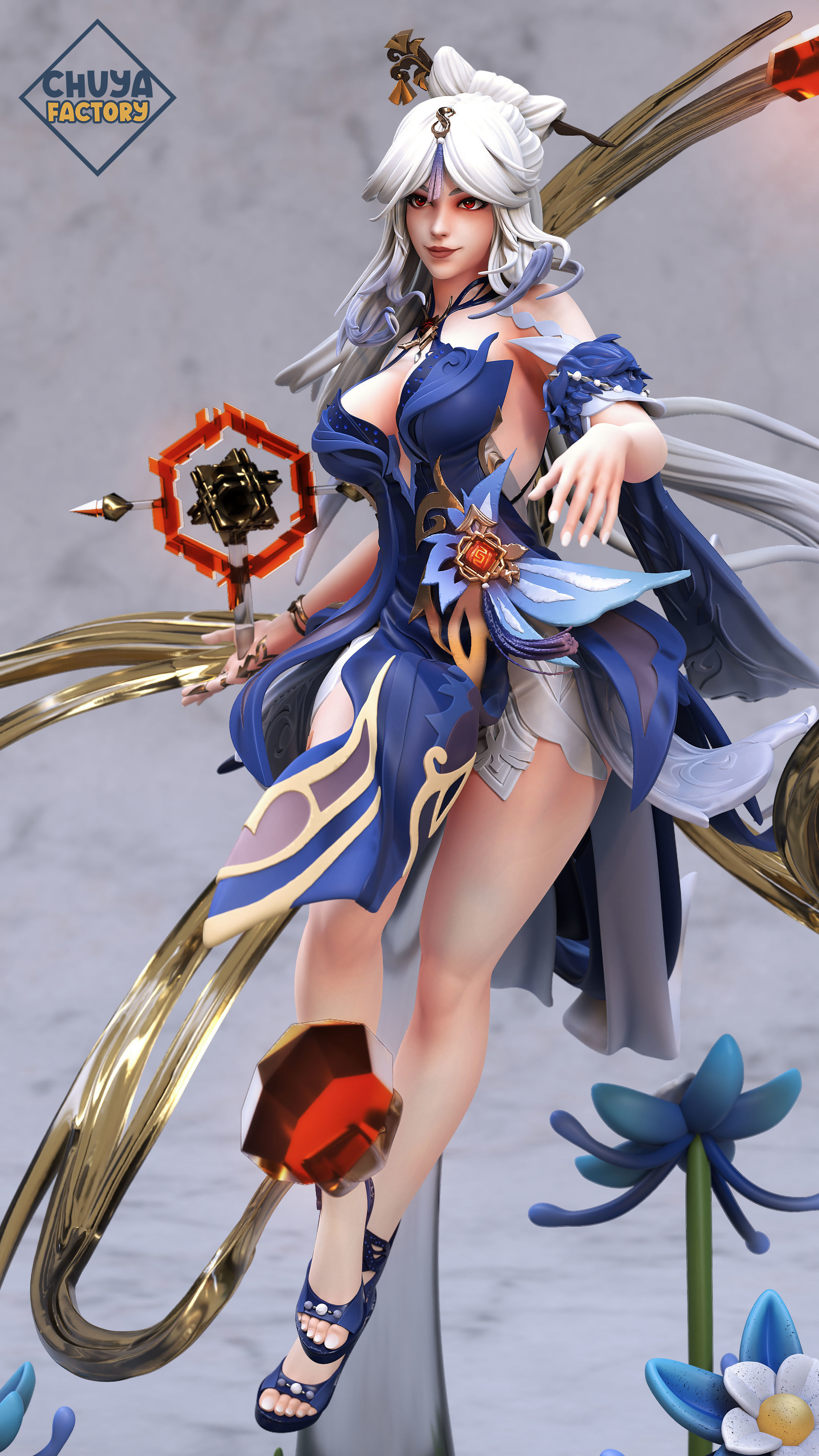 Ningguang anime statue of girl with long hair 3D print model_4