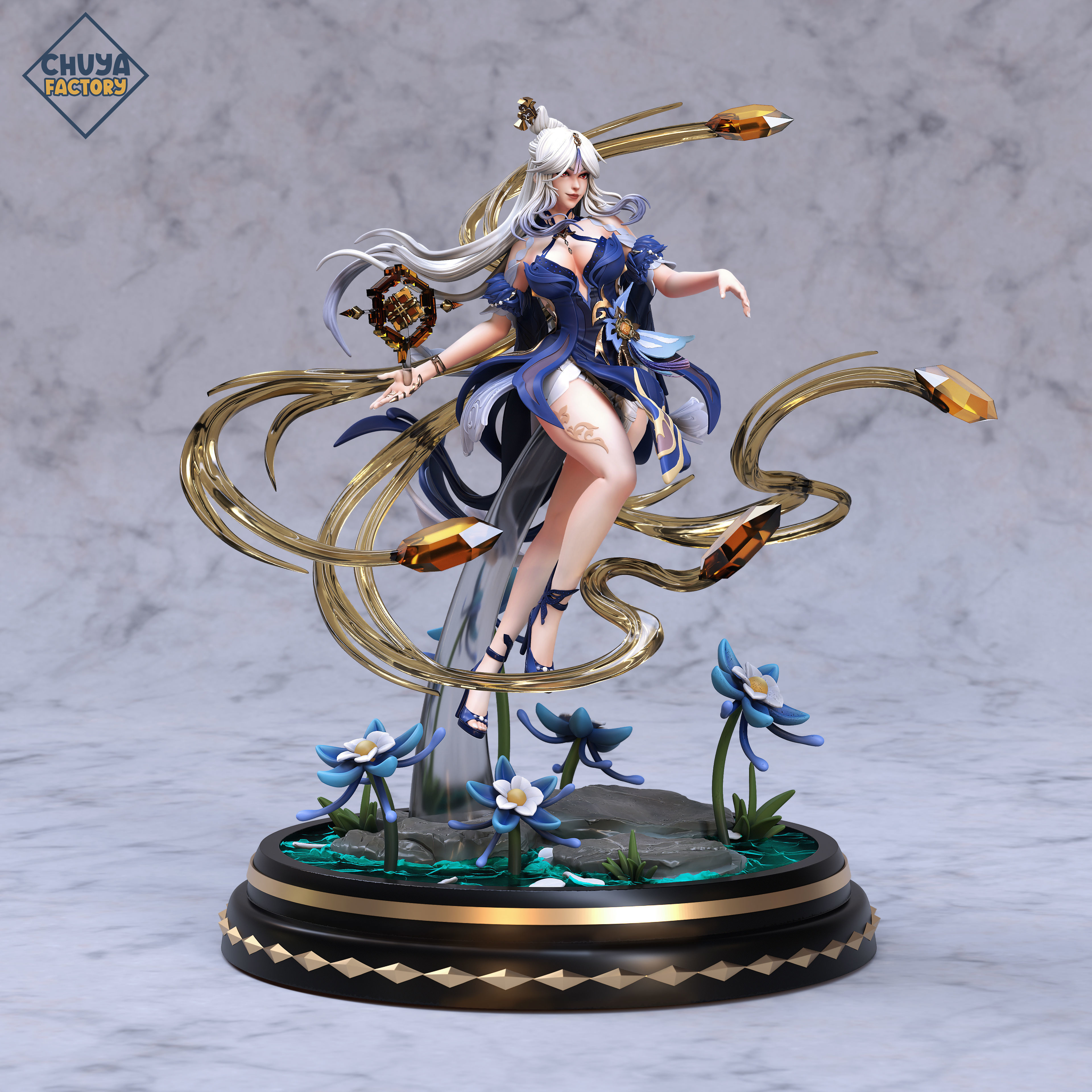 Ningguang anime statue of girl with long hair 3D print model_1