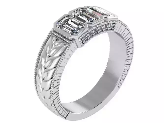 Emerald Cut Engraved Ring 0226