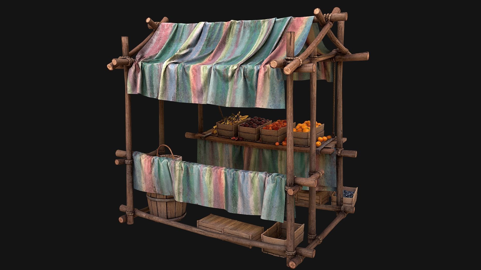 Medieval Market Fruit Stalls Tent Pack Low-poly 3D model_9