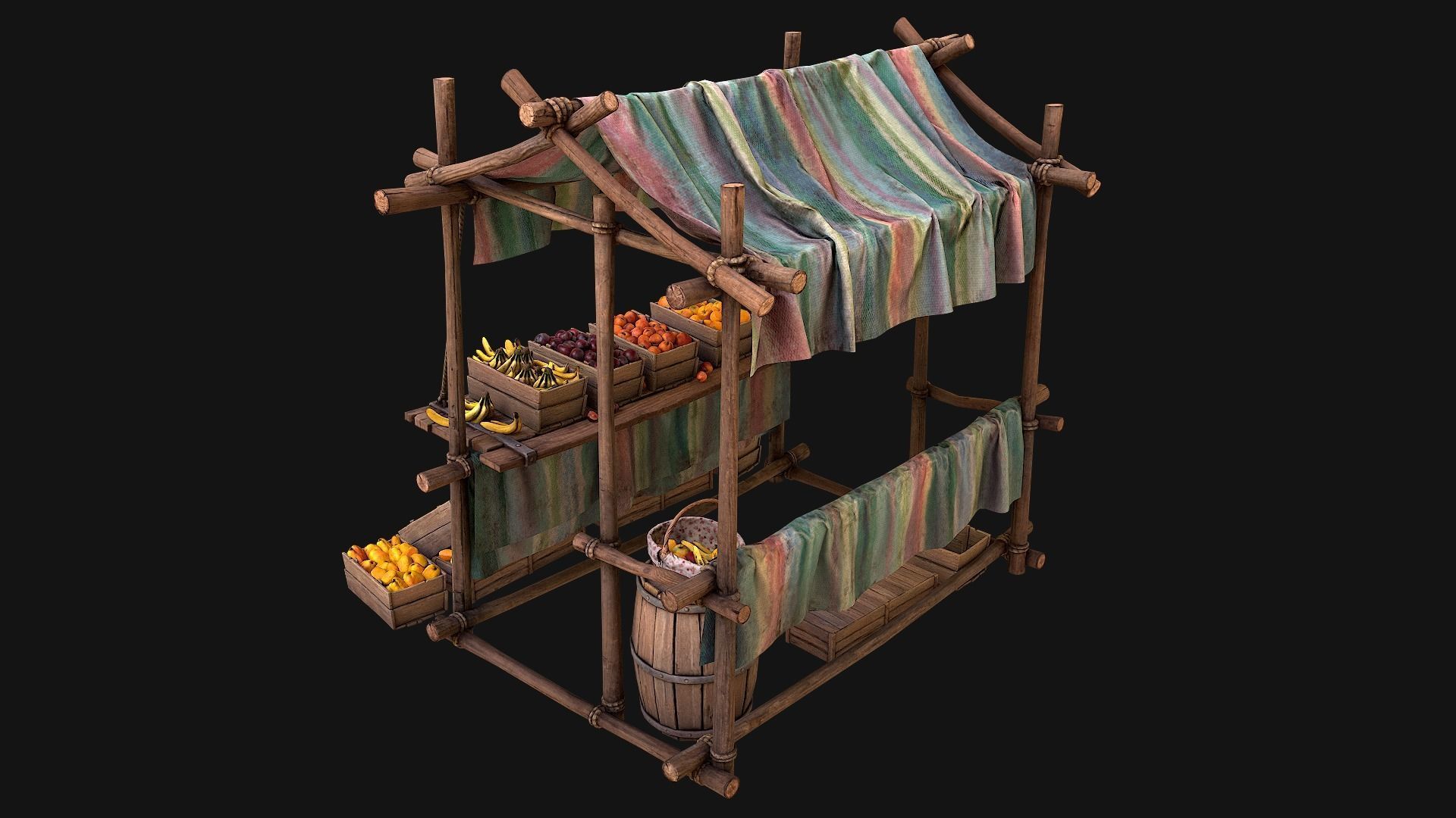 Medieval Market Fruit Stalls Tent Pack Low-poly 3D model_10