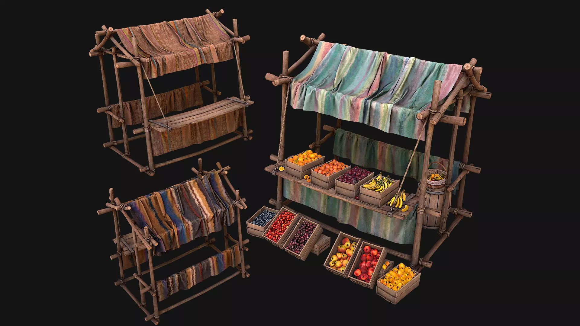 Medieval Market Fruit Stalls Tent Pack Low-poly 3D model_0