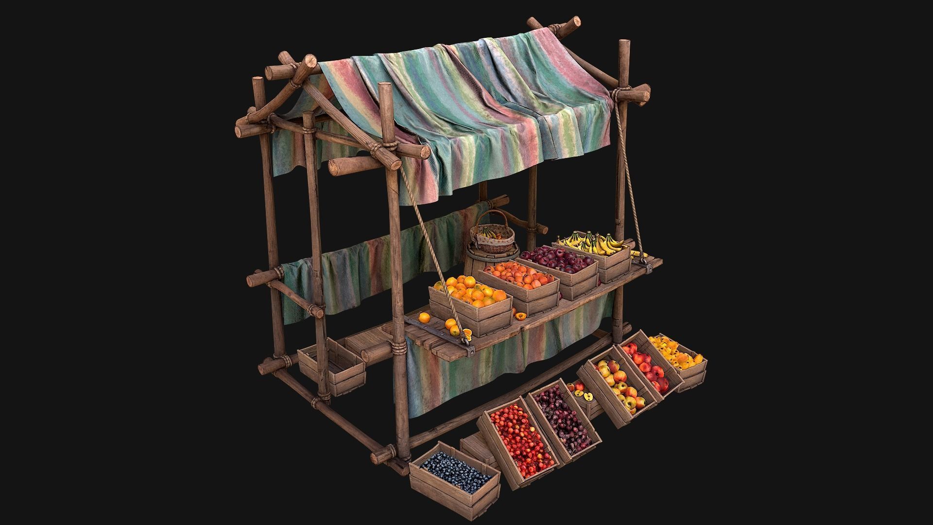 Medieval Market Fruit Stalls Tent Pack Low-poly 3D model_8