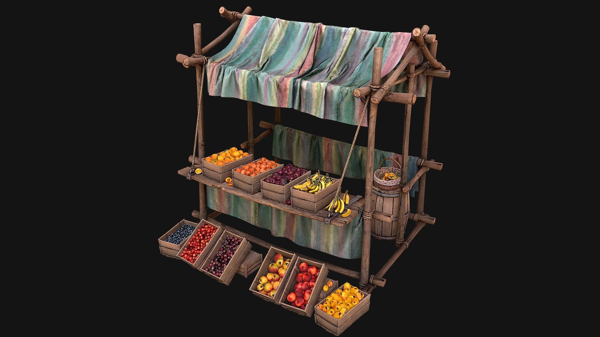 Medieval Market Fruit Stalls Tent Pack Low-poly 3D model_2