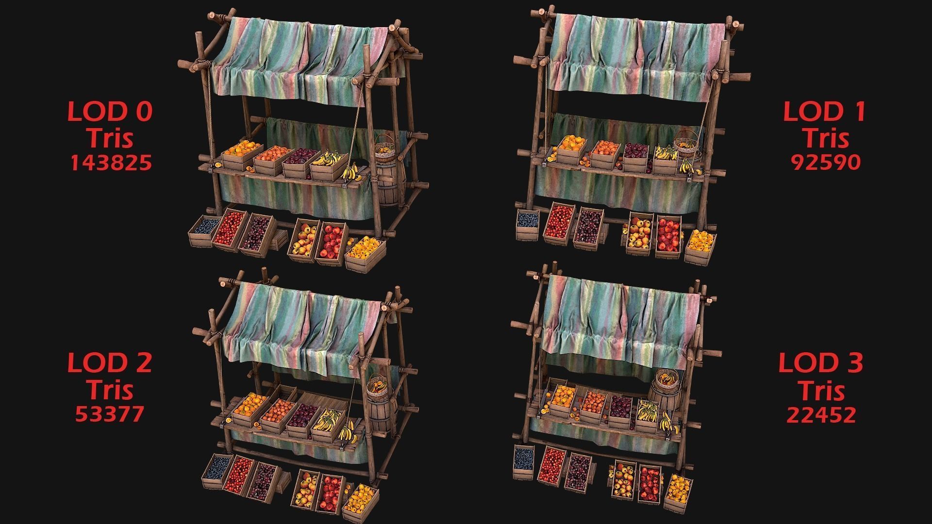 Medieval Market Fruit Stalls Tent Pack Low-poly 3D model_6