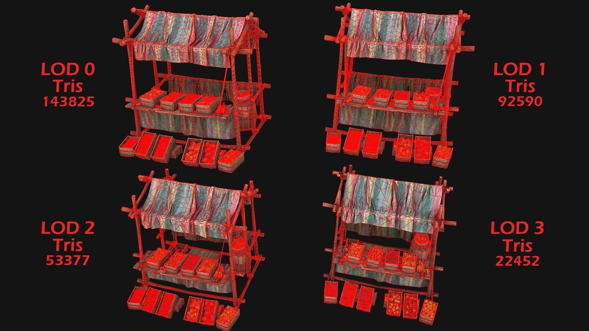 Medieval Market Fruit Stalls Tent Pack Low-poly 3D model_7