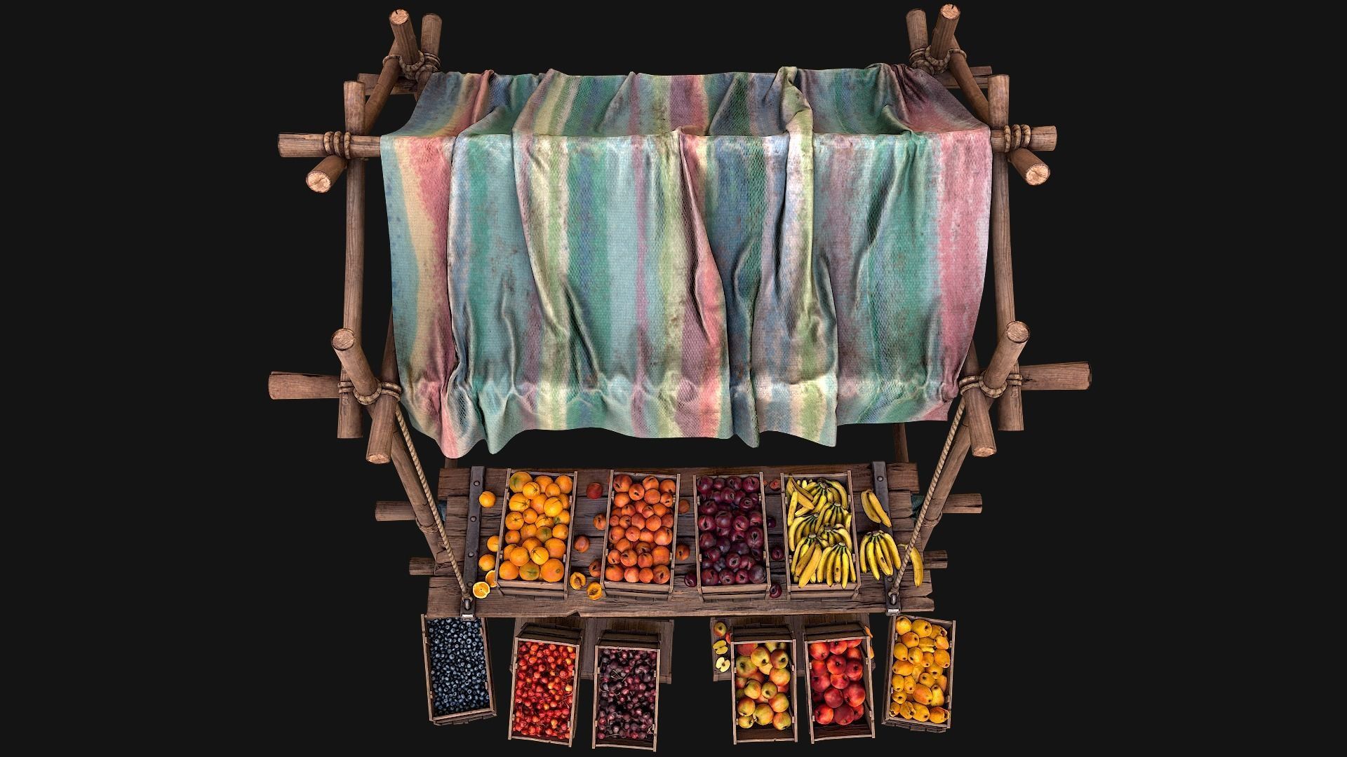 Medieval Market Fruit Stalls Tent Pack Low-poly 3D model_11