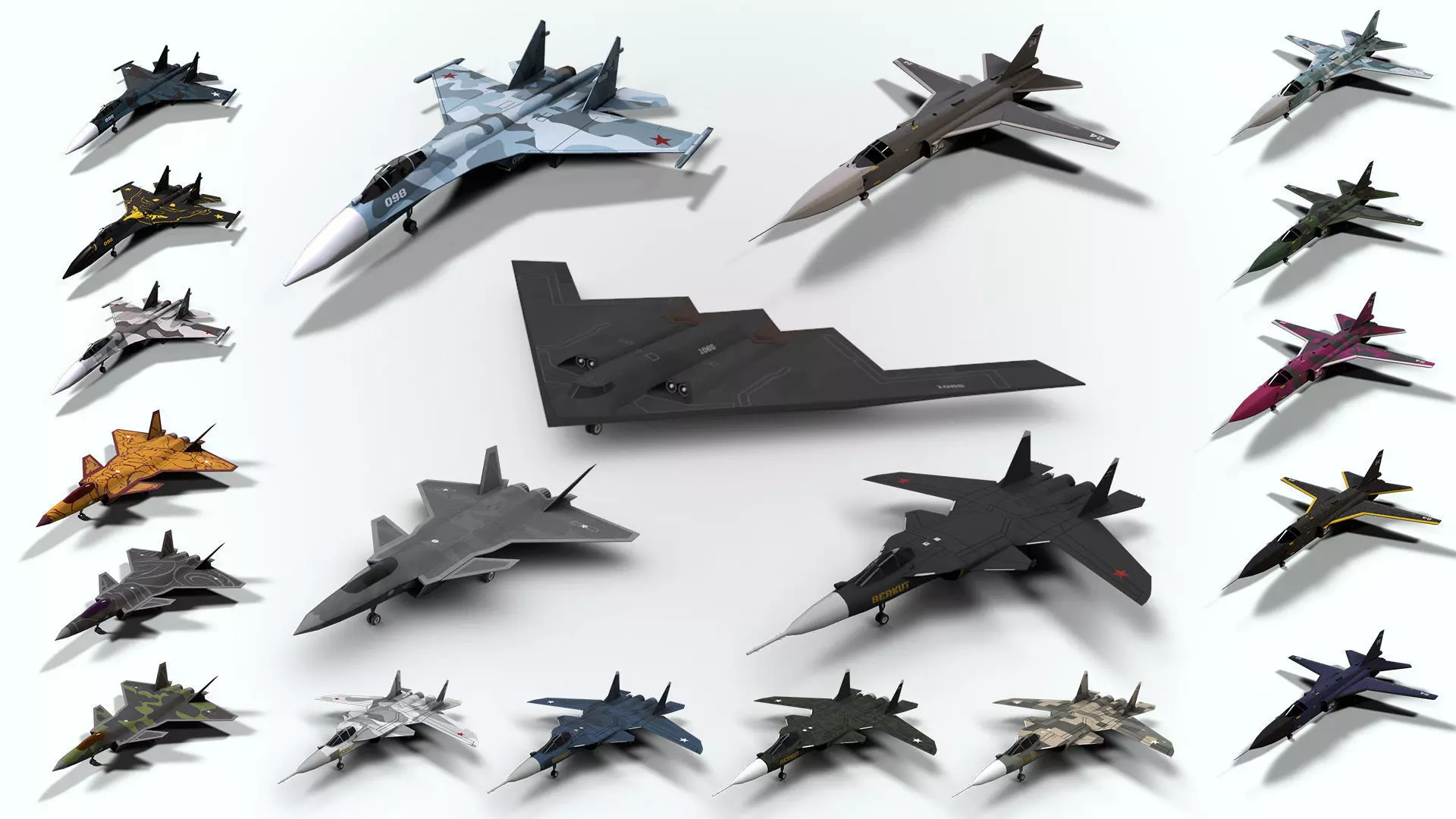 5in1 j20 su24 su35 su47 b2 aircraft low poly Low-poly 3D model_0