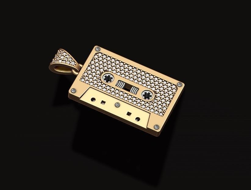 Cassette Tape pendant with gems 3D print model_1