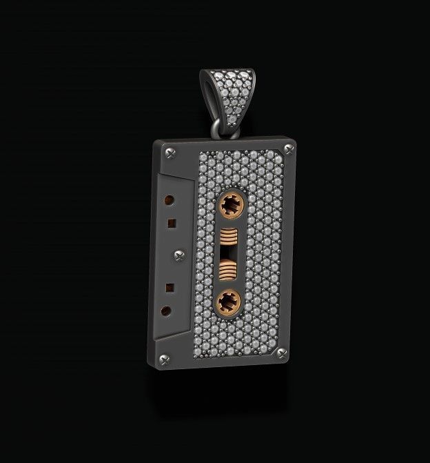 Cassette Tape pendant with gems 3D print model_2