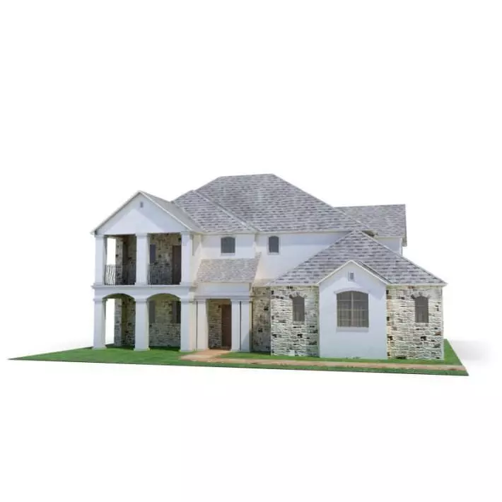 House With Rock Finish And Grey Roof 3D model_0