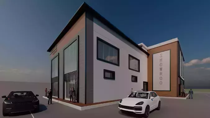 3D Showroom building with cars parked
