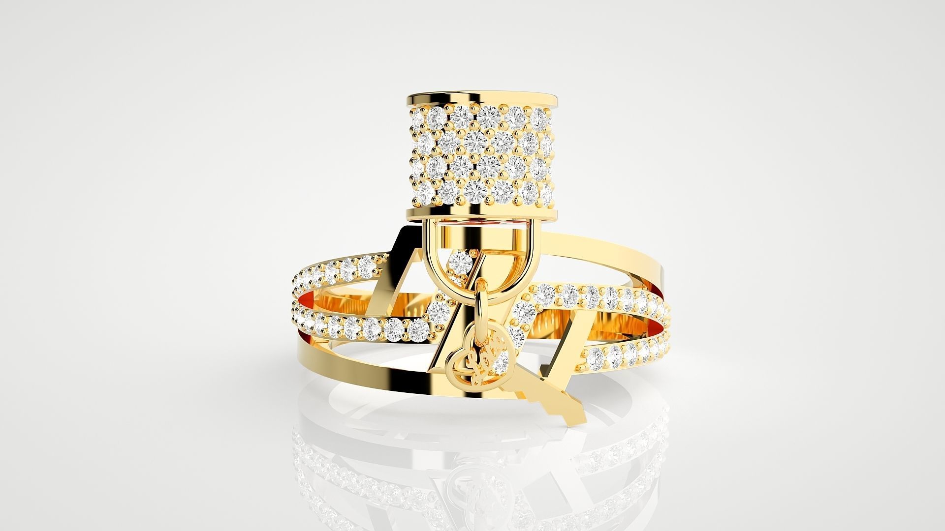 Lock and Key High Jewelry Cocktail Ring 3dm stl renders 3D print model_25