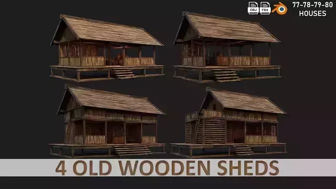 4 Old Wooden Shed Building Pack 4K Textures GameReady 77 to 80