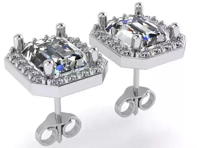 Emerald Cut Halo Earring 0274 3D print model