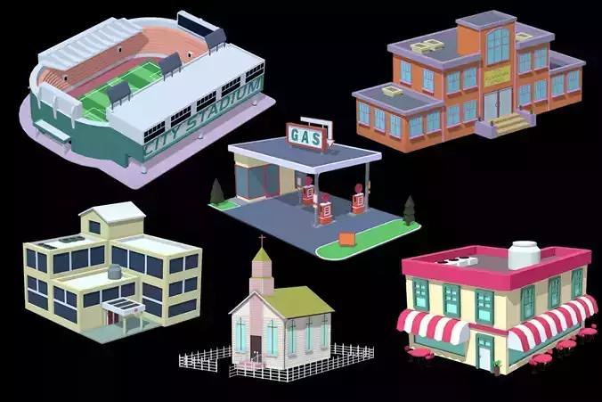 Toon Building Pack for Unity Low-poly 3D model